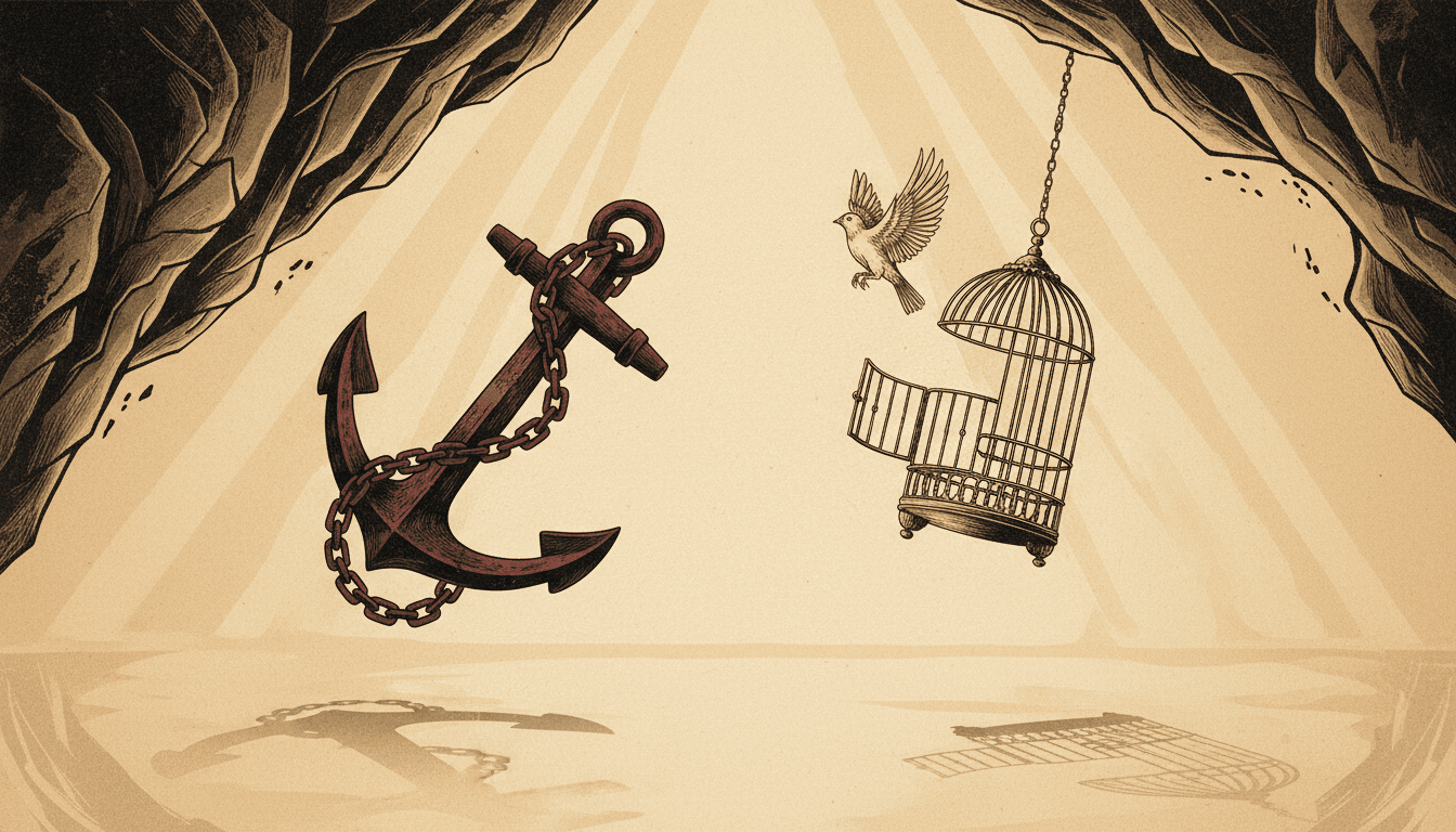 A conceptual illustration in ink-black and deep oxblood tones showing an ancient iron scale balancing a glowing crown of sovereignty against an unlocked padlock representing free will, set against textured warm paper with generous negative space.