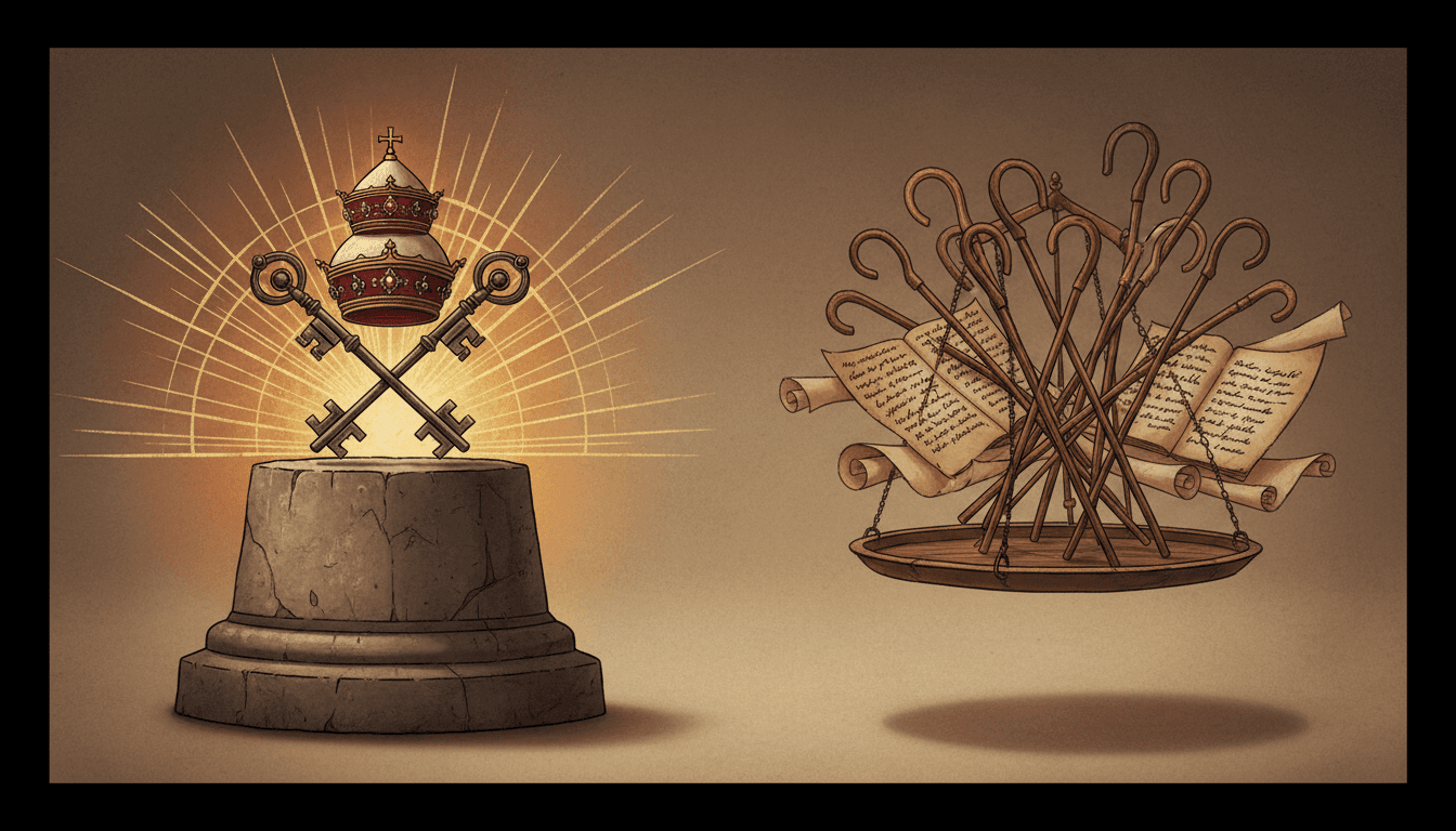 A symbolic illustration in oxblood and ink-black tones showing an ornate bishop's mitre balanced against an open Bible and multiple smaller crowns on an ancient altar.